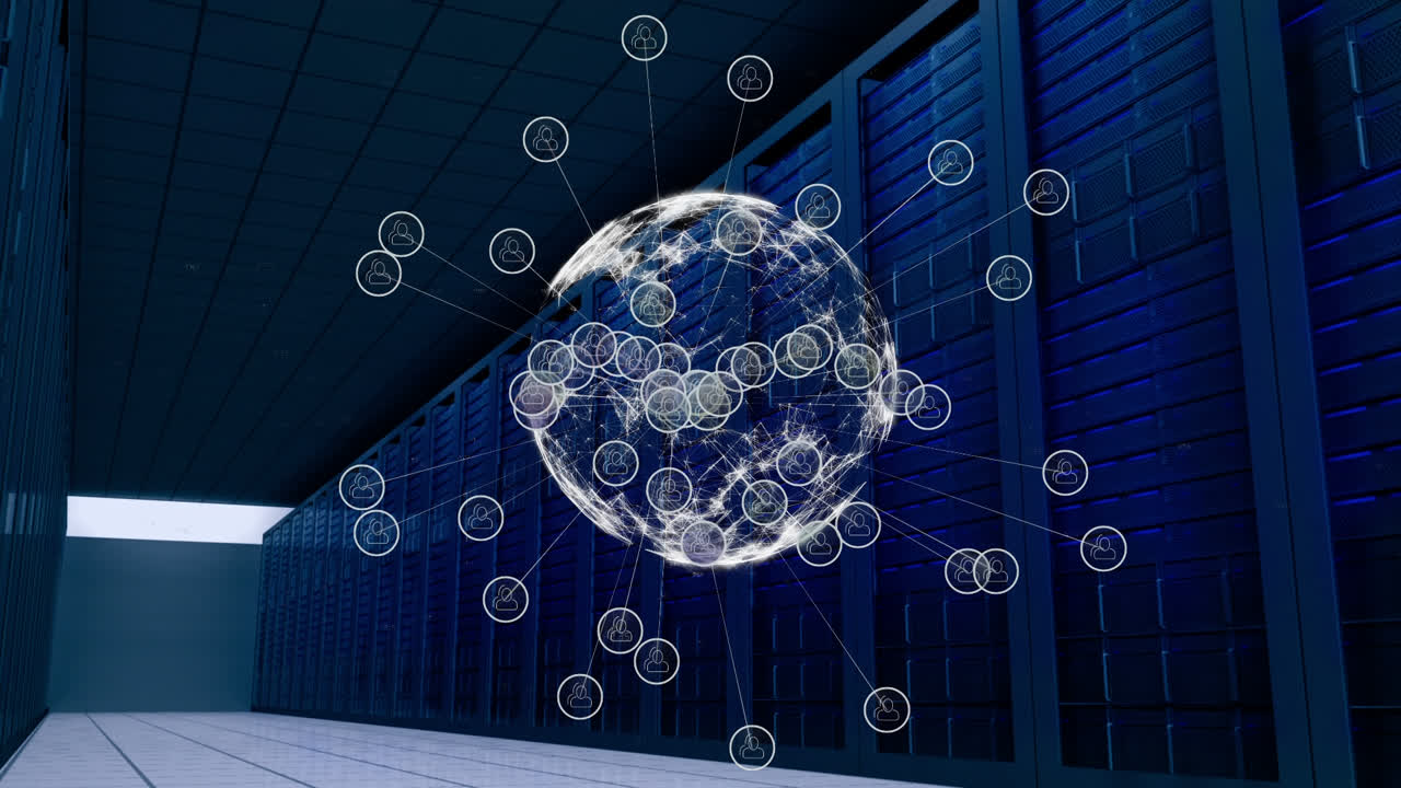 Digital rotating earth with data on a server network room background