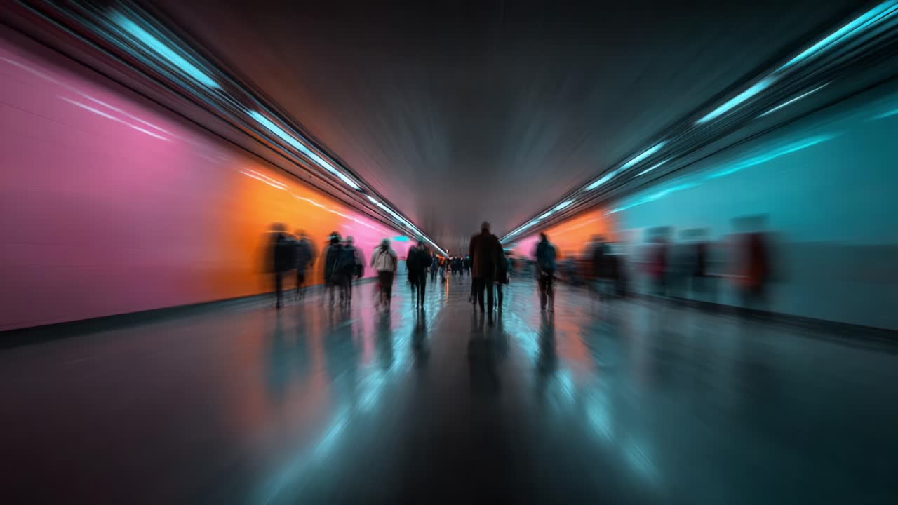 Dynamic Urban Tunnel with Colorful Walls and Silhouetted Figures in Motion, Capturing the Essence of City Life and Human Movement