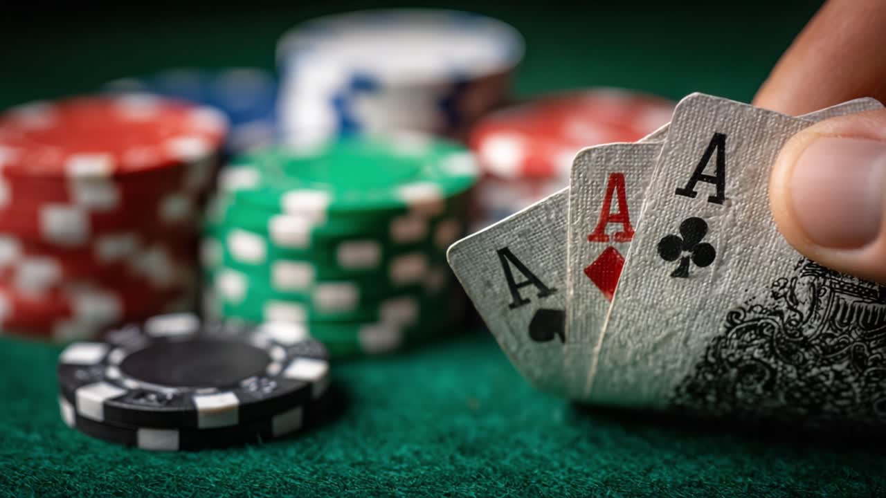 A High-Stakes Moment: A Player Revealing Four Aces in a Competitive Game of Poker Among Colorful Chips on a Green Felt Table