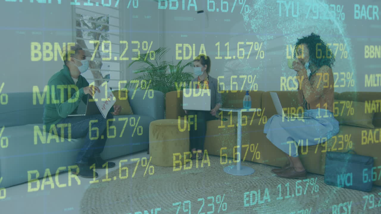 animação de interface digital mostrando estatísticas com colegas no escritório usando máscaras faciais