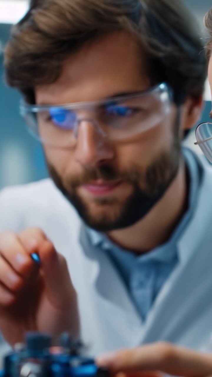 Cientista focado ajusta equipamentos com cuidado. Óculos de proteção azuis refletem as luzes brilhantes do laboratório. As mãos movem-se com precisão, demonstrando perícia. Ideal para visuais médicos ou de pesquisa.