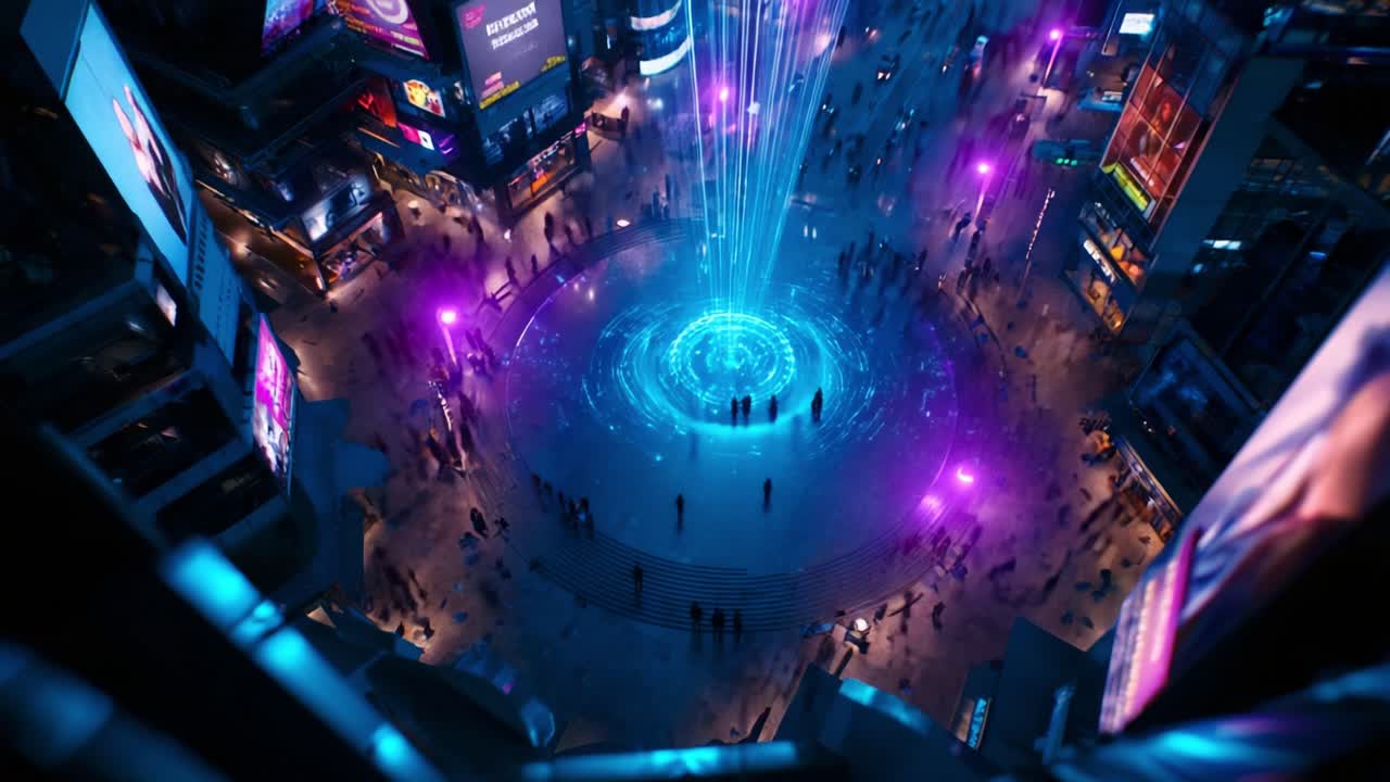 Aerial View of a Vibrant Urban Square Featuring a Stunning Light Fountain Surrounded by Crowds, Illuminated Signs, and Dynamic Neon Colors at Night, Creating an Energetic Atmosphere Full of Life and Excitement