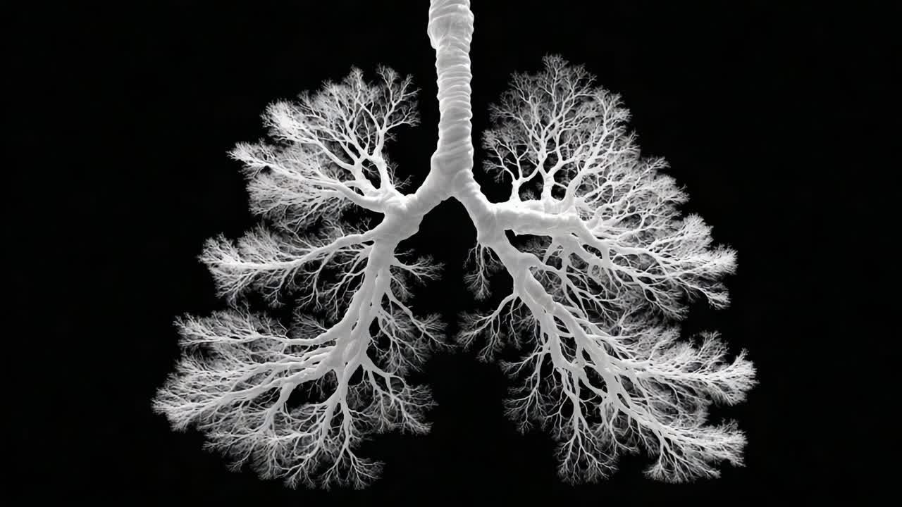 A Stunning Visualization of Human Lungs as Elegant Branching Structures, Highlighting the Intricate Patterns of Air Passages in a Black Background