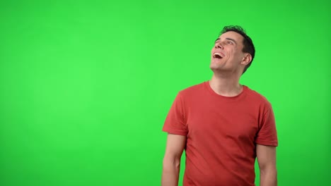 crazed man member of a sect, chroma green background.