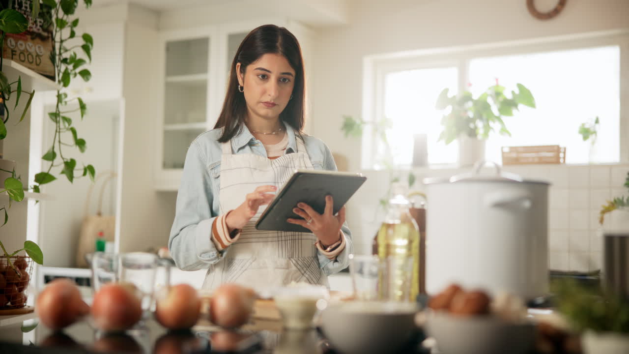 mujer usando tableta para cocinar receta en la cocina