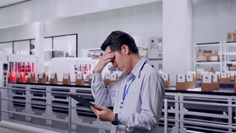 Side View Of An Asian Male Professional Worker Standing With His Tablet With Conveyor for Packaging Coffee Beans in Bags at Coffee Factory, Checking With Dissapionted And Nodding His Head