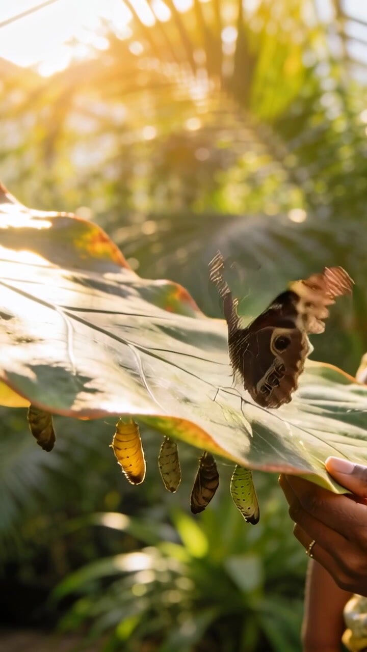 Video verticale: Sole che sollecita una farfalla marrone a lasciare una foglia in una serra con pupe e una mano anellata, spazio per il testo.