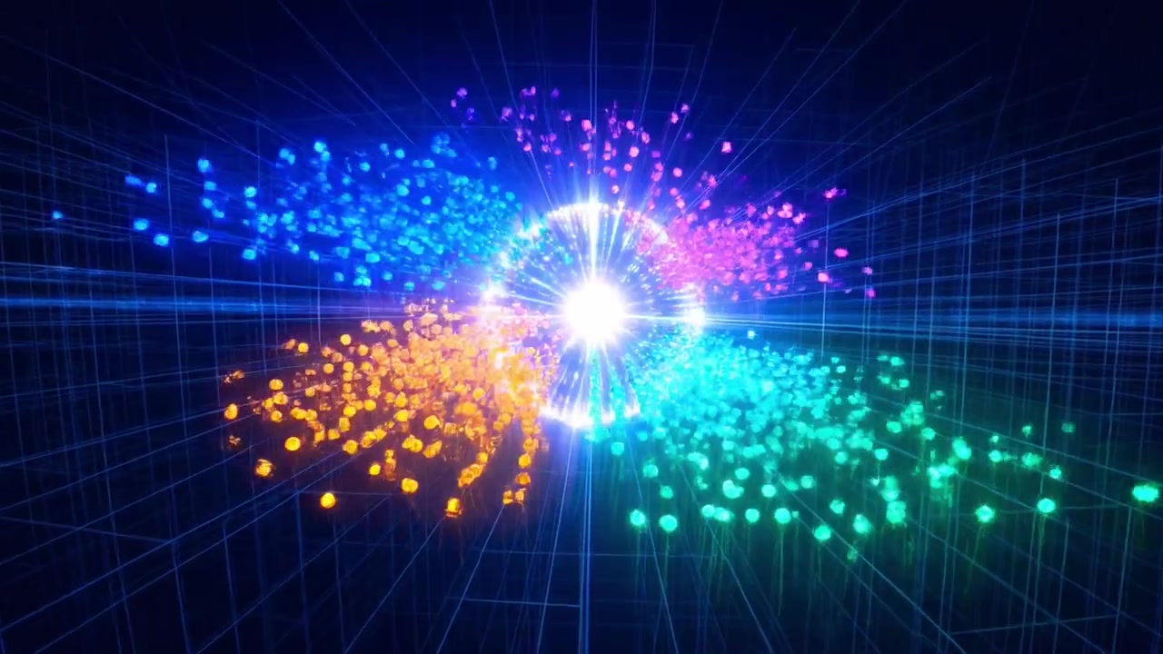 Abstract Glowing Orb Emitting Colorful Particles in Digital Grid