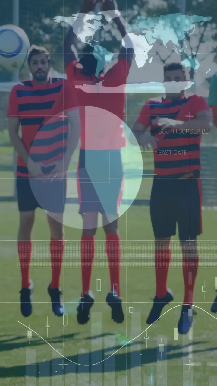 Video vertical: 5 jugadores de fútbol en la barrera, un verde acercándose, saltando para bloquear el tiro libre, porcentaje HUD.