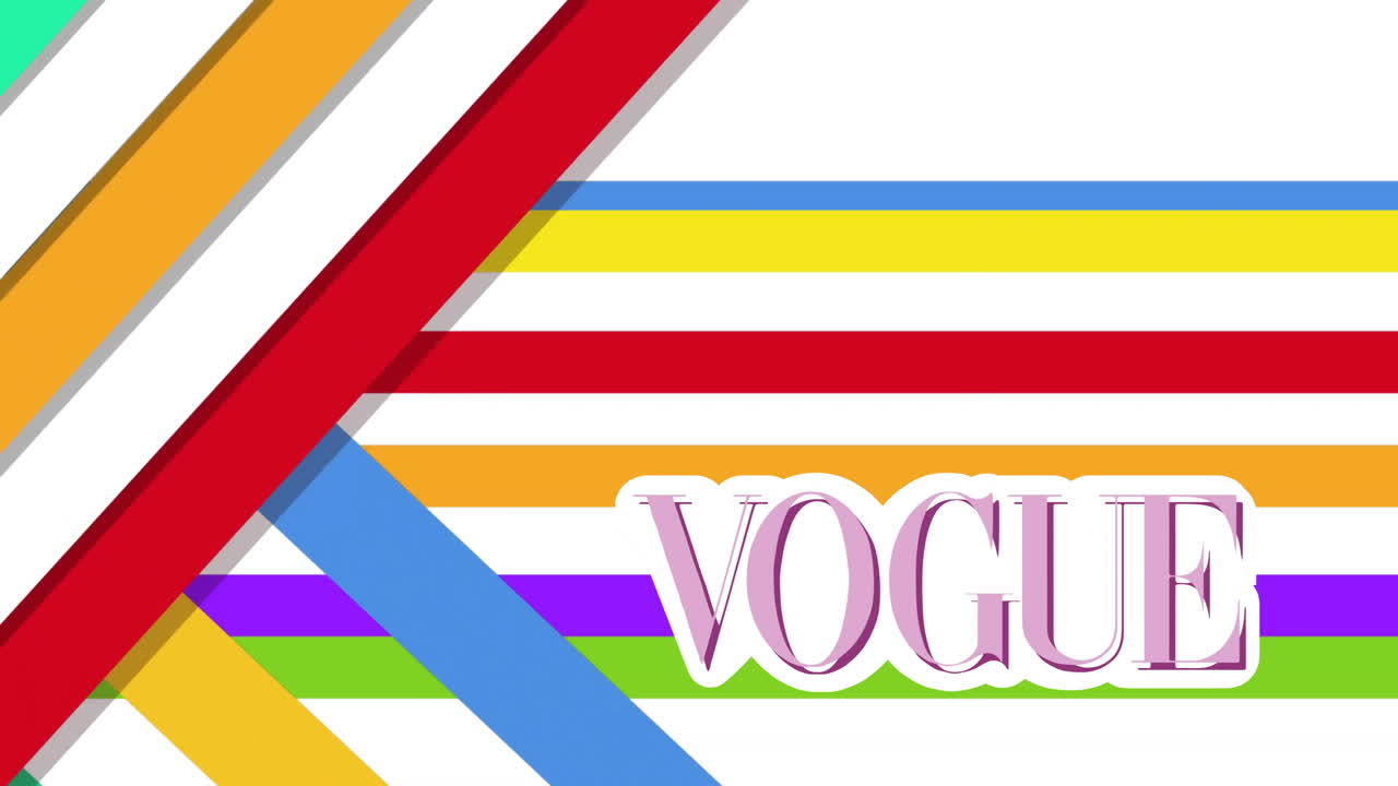 Animation of vogue text over colourful stripes on white background