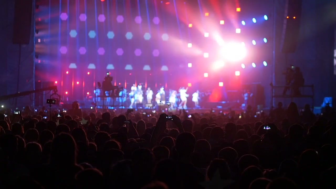 Grande folla che si gode un concerto di musica dal vivo con luci del palco brillanti