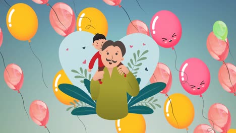 Animation-of-illustration-of-happy-father-and-son-in-nature,-with-colourful-balloons-on-blue