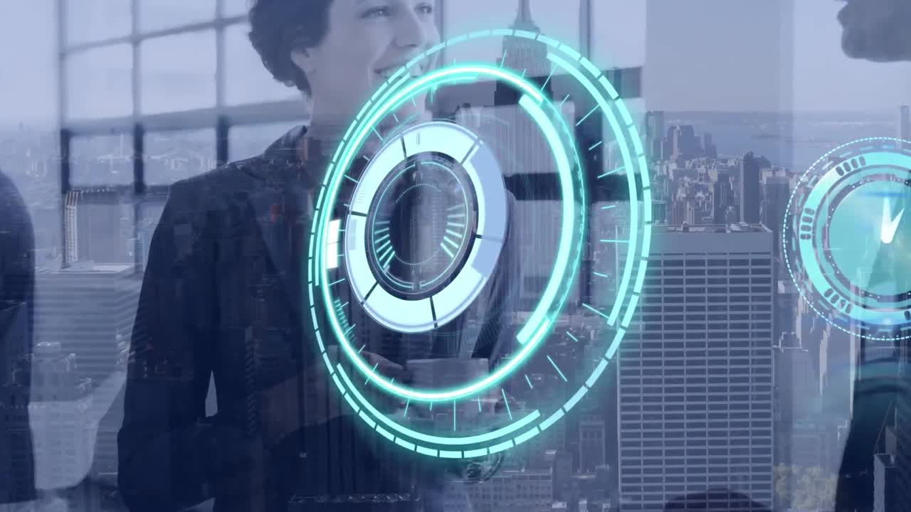 animación del reloj, escaneo del alcance y procesamiento de datos sobre empresarios