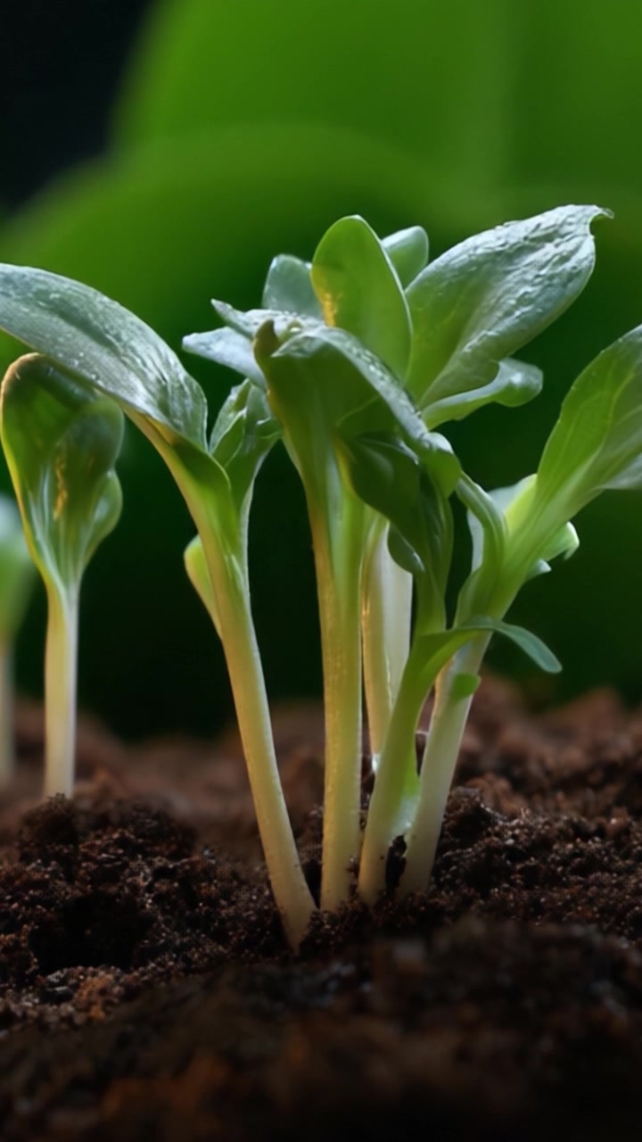 Piantine appena germogliate che emergono da terreno ricco sotto una luce soffusa in un ambiente lussureggiante, che significano crescita, rinnovamento e la bellezza del ciclo della natura.