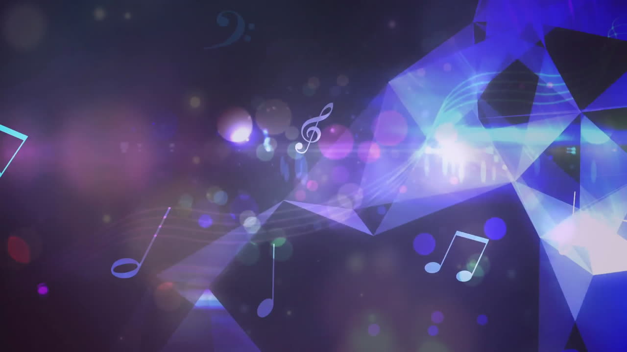 Musical notes and symbols animation over colorful bokeh lights and abstract shapes