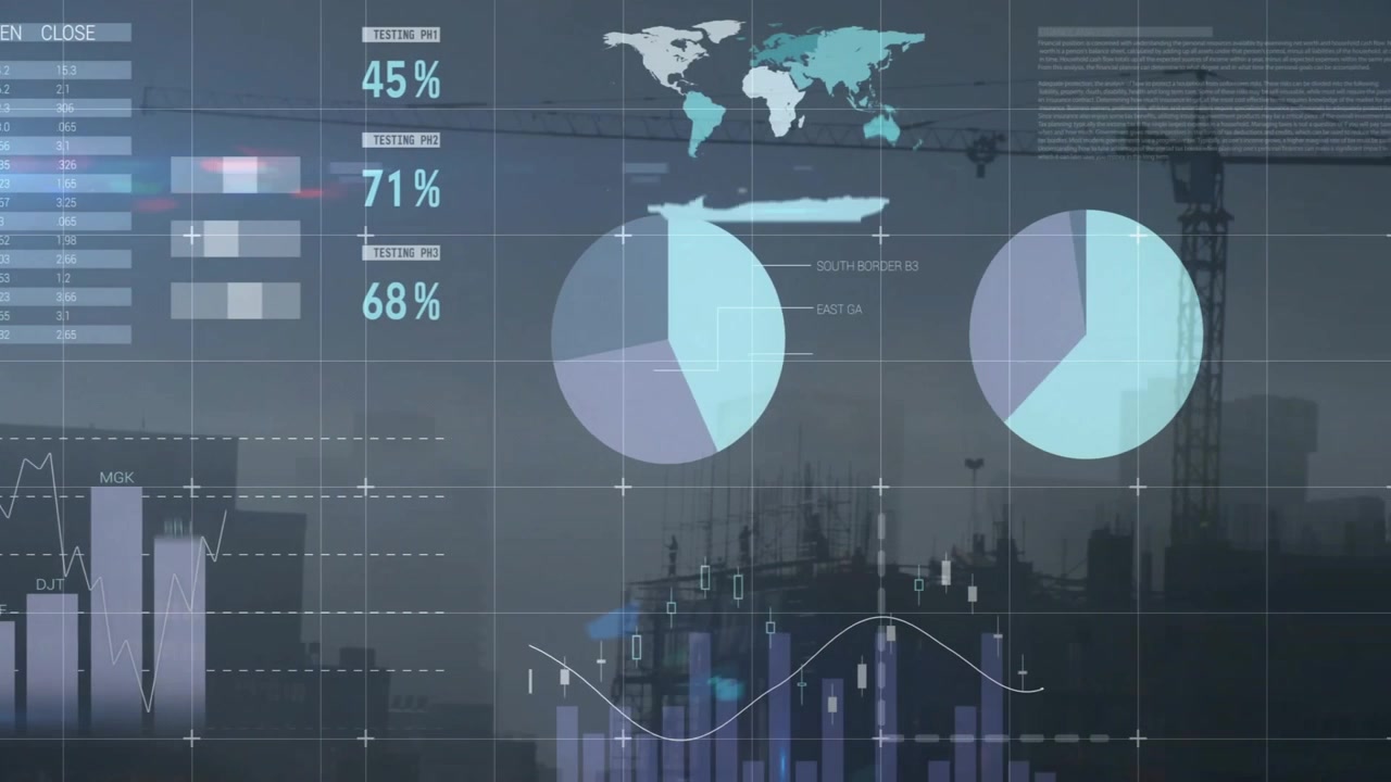 Superimposing data interface on construction skyline, charts emerging fluctuating updating metrics