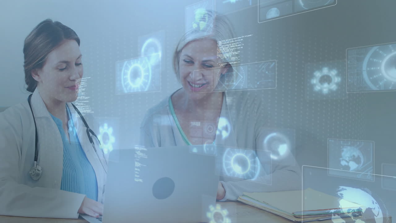 Discussing patient data, healthcare professionals using digital interface with animation