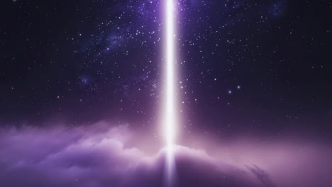 mysterious light beam piercing purple clouds into starry space
