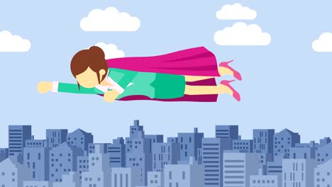 super hero business woman flying in suit and red cape. leadership and achievement concept. loop illustration in flat style.
