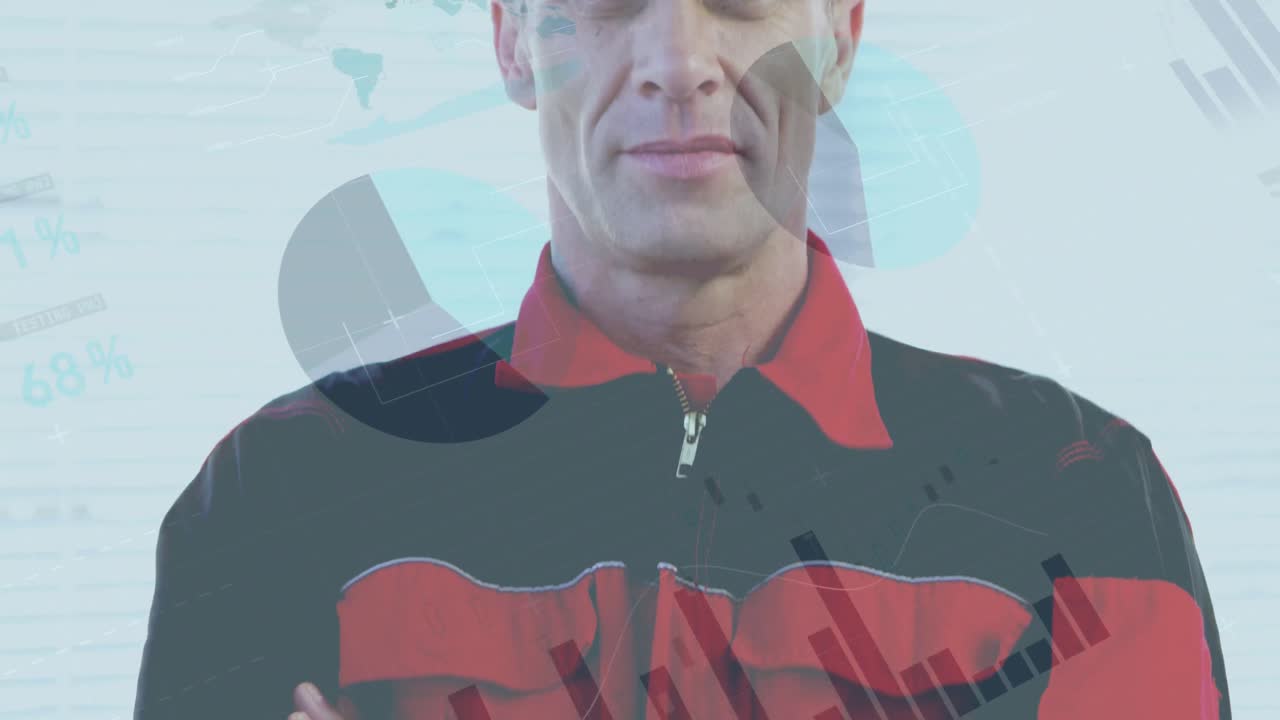 animación de procesamiento de datos estadísticos sobre el retrato de un anciano caucásico con los brazos cruzados