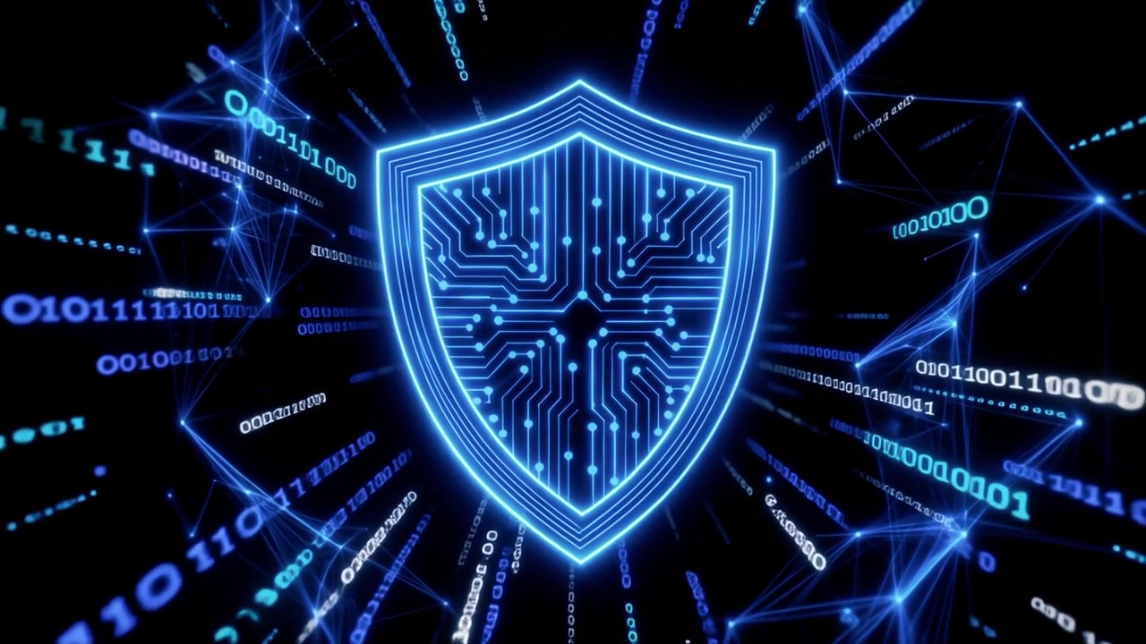 Digital Security Concept with Glowing Shield and Binary Code Network