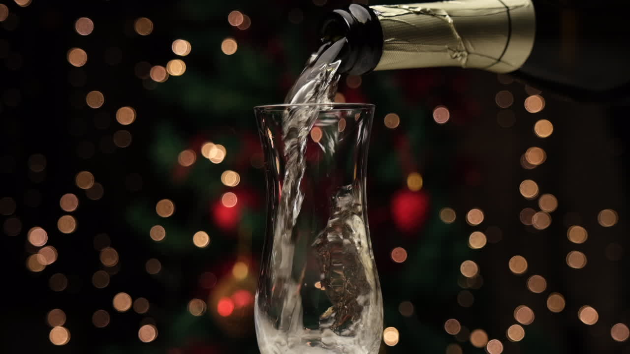 Versamento di champagne davanti a decorazioni di luci natalizie al rallentatore