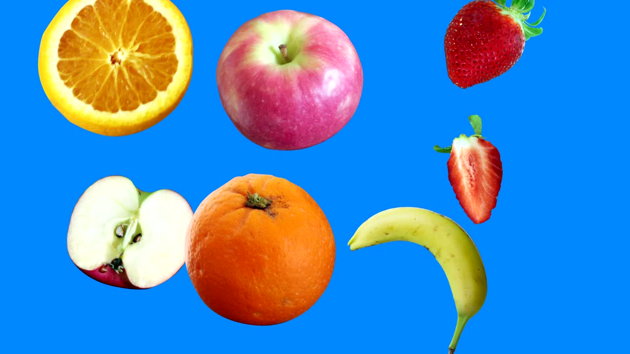 Realistic fruits animation on blue screen editable chroma key background, seamless loop