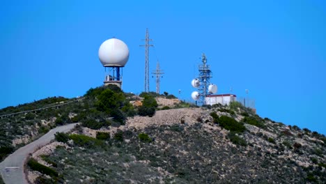 a meteorological radar with a large white sphere on top of a mountain