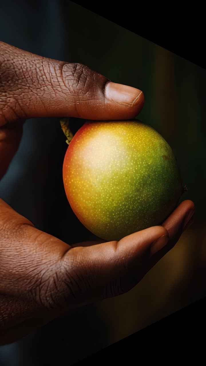 Close-Up of a Hand Holding a Fresh Mango, Showcasing Its Vibrant Color and Texture, Perfect Representation of Nature's Bounty and Delightful Harvest