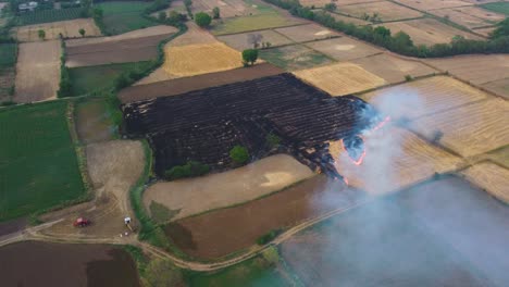 tomada aérea de drones de la quema de paja de las sobras de la cosecha del campo de trigo que causa smog y fuerte contaminación del aire en el norte de la india