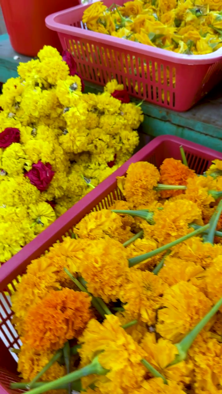 Ghirlande luminose di calendule e rose disposte in cesti in un mercato all'aperto, ripresa a mano libera.