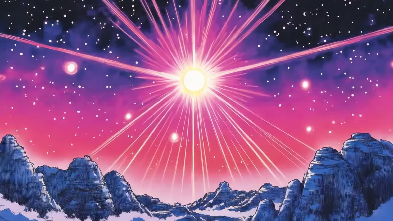 Vibrant cosmic landscape with a radiant sunburst, captured from a low angle