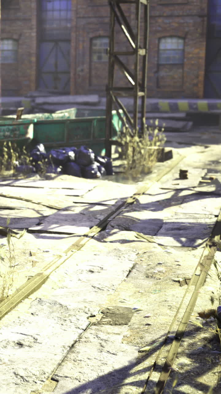 Zone abandonnée avec des rails et des conteneurs à déchets près d'un entrepôt, en plein jour.