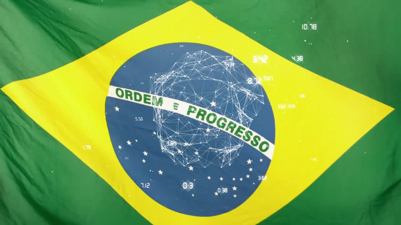 Digital network animation overlaying Brazilian flag central emblem with data points