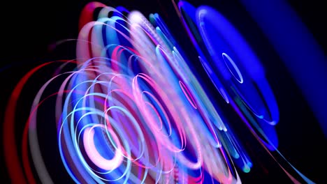 Light flow in ring structure, bg in 4k. Abstract looped background with light trails, stream of red blue neon lines in space form rings. Modern trendy motion design background. Light effect,