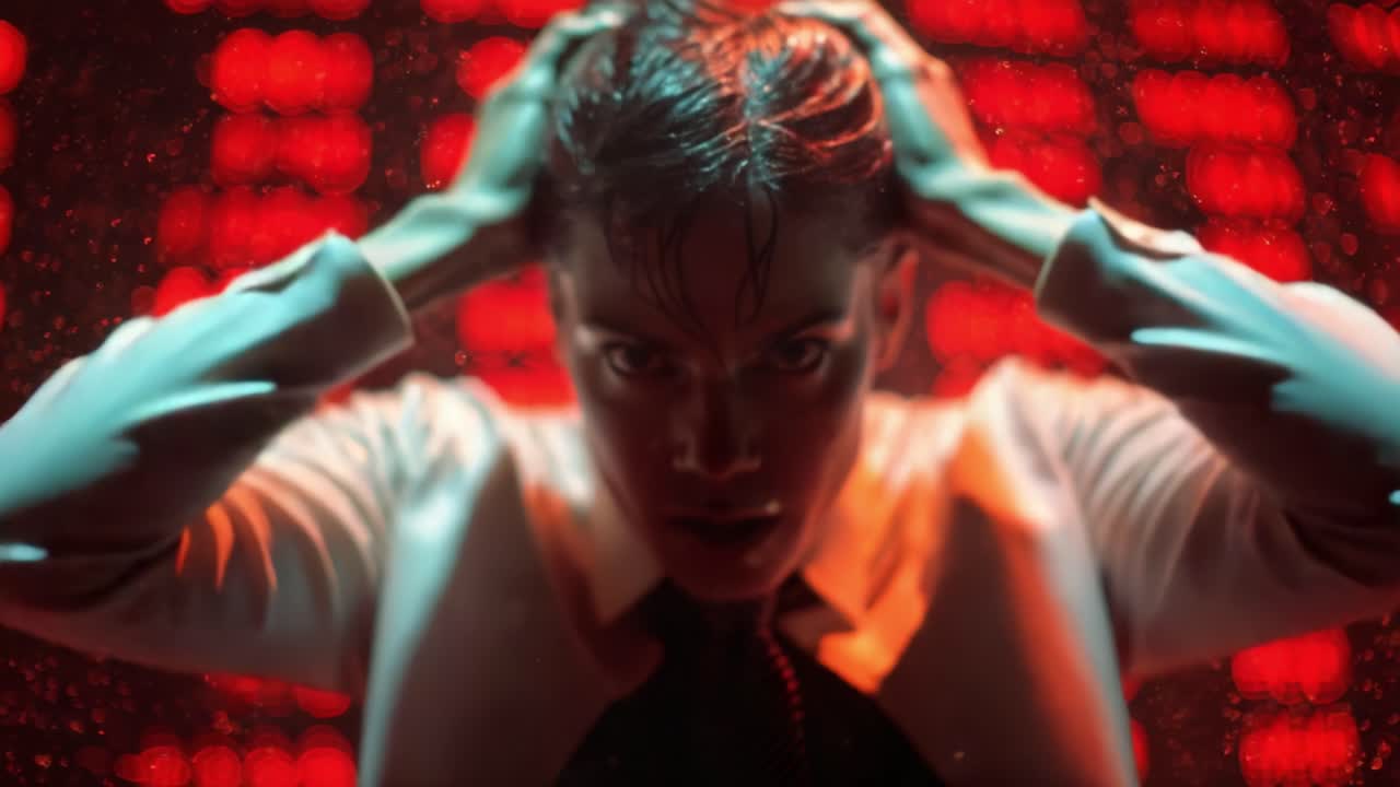 A Striking Visual Journey into Emotional Turmoil: A Close-Up of a Person Struggling with Thoughts and Feelings Against a Drenched Background of Red Neon Lights