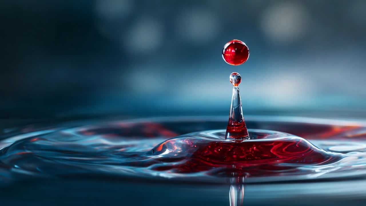A Captivating Close-up of a Droplet of Liquid Splitting from the Surface, Creating Intricate Patterns Against a Softly Blurred Background in Shades of Blue and Rich Red, Symbolizing Nature's Beauty Impermanence