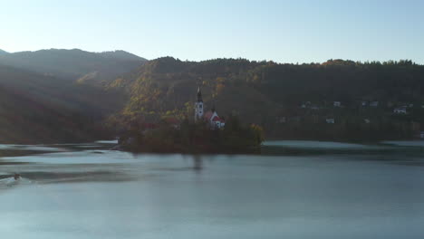 Cinematic-aerial-drone-shot-of-Bled-Island,-Slovenia