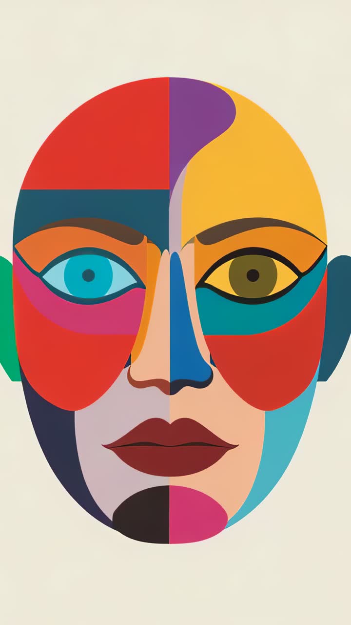 Vertical video: Zooming camera tightening on cream backdrop, showing face with cyan and amber eyes