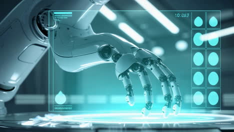 robotic hand interacting with futuristic holographic interface