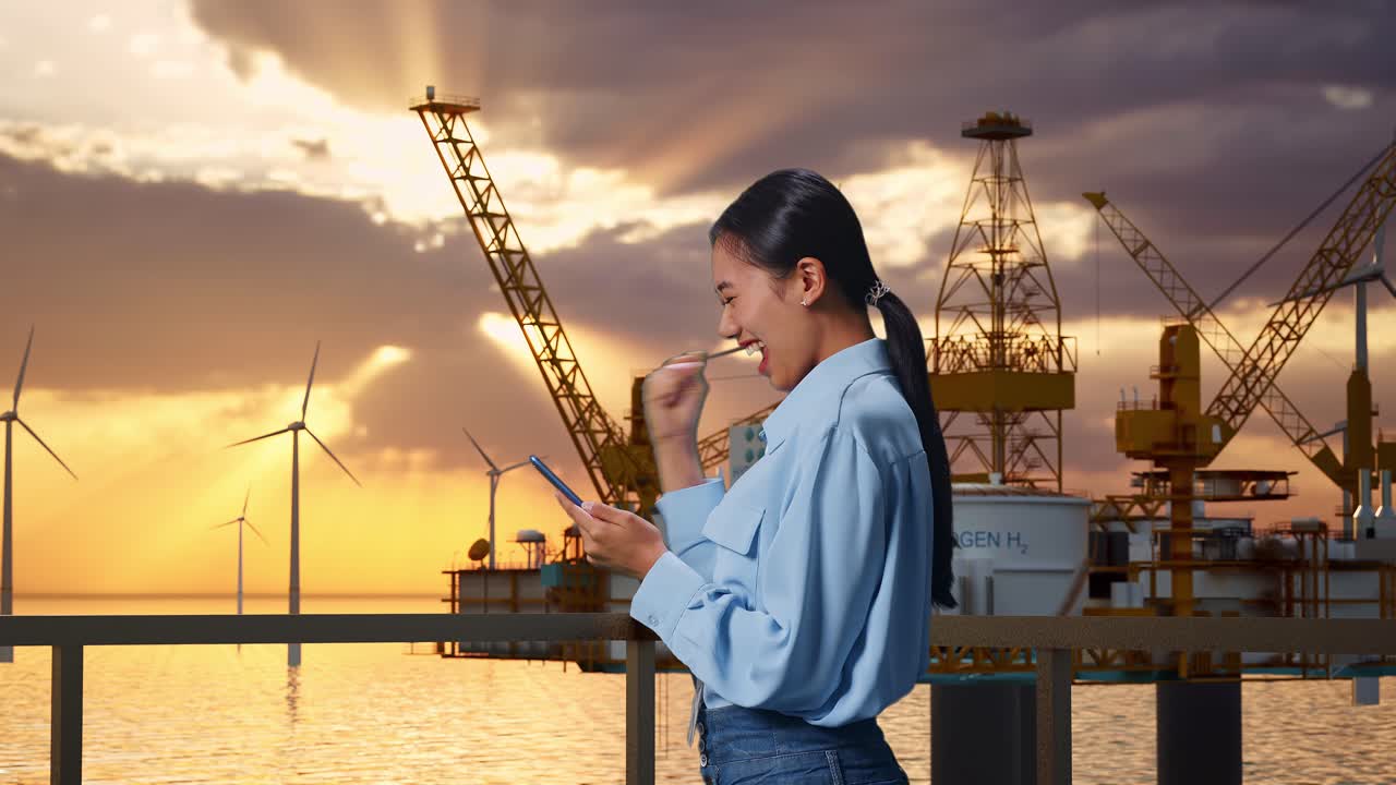 아시아 여성 직업 노동자가 스마트폰과 함께 서있는 측면 뷰 해상 수소 생산, 첨단 기술 산업 시설, 그녀는 스마트폰을 확인 한 후 소리 지르는 목표로 주먹을 들어 올립니다.