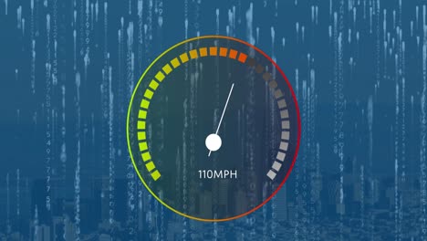 animation of speedometer and binary coding against aerial view of cityscape