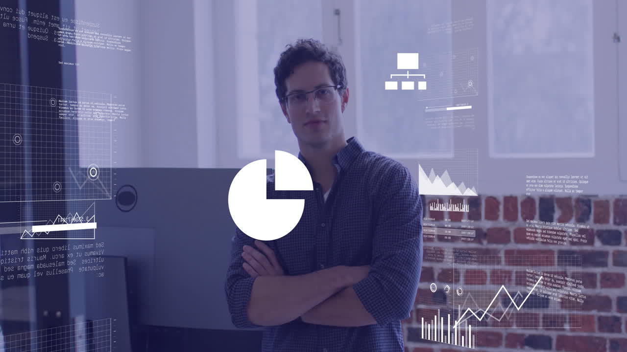 animación de procesamiento de datos digitales sobre empresario caucásico en la oficina