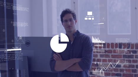 animación de procesamiento de datos digitales sobre empresario caucásico en la oficina