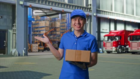 asian male courier in blue uniform smiling and pointing to the side while delivering a carton, outside of logistics distributions warehouse