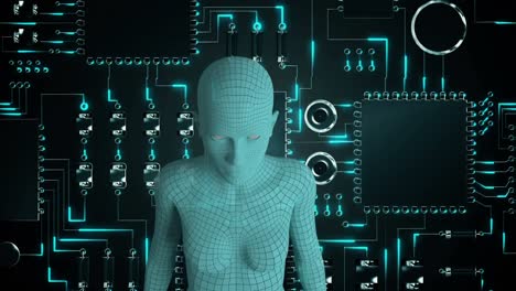 Female-android-form-in-front-of-glowing-computer-circuit-board