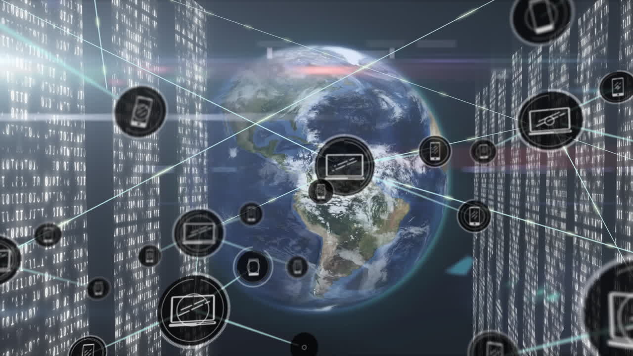 Animation of globe, network of connections with icons over computer servers