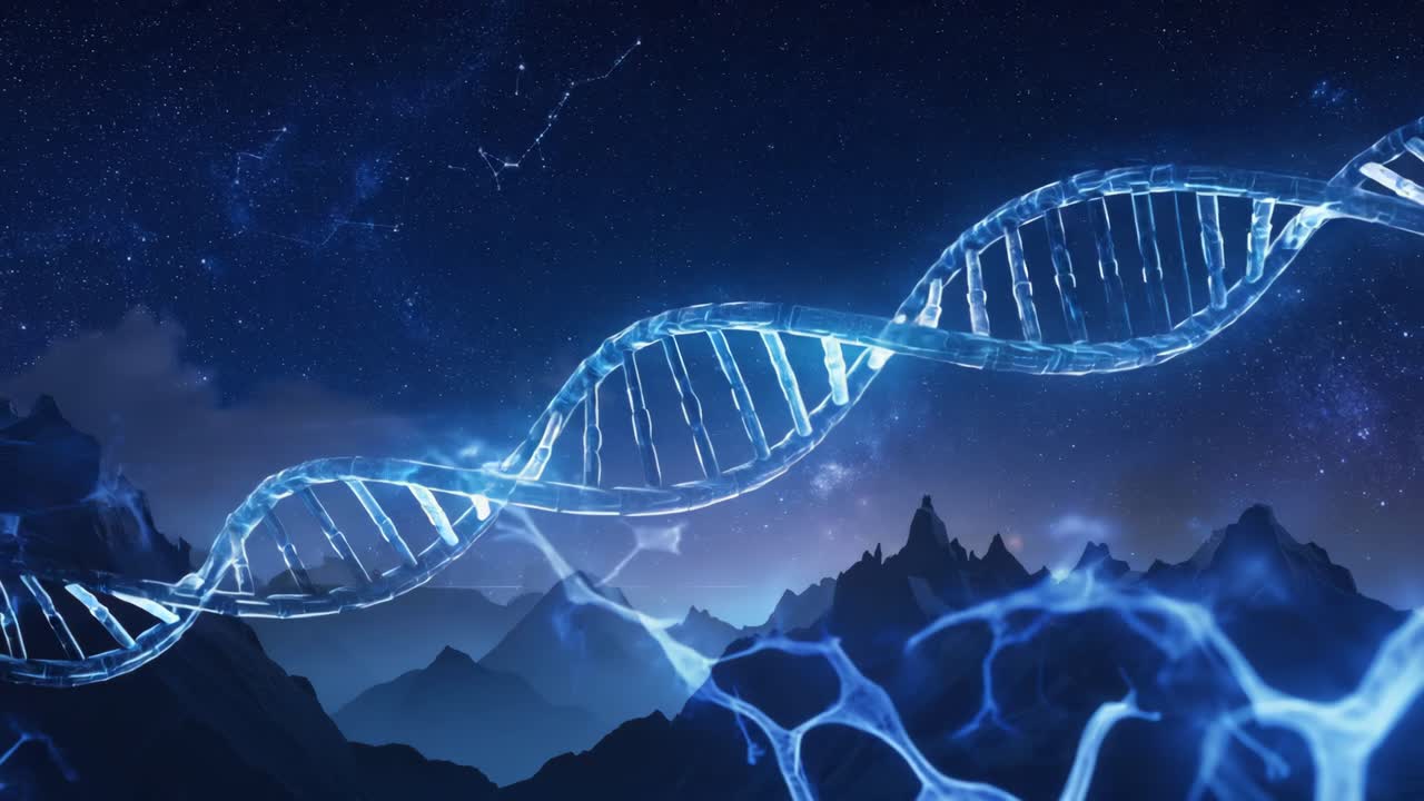 Doppia elica del DNA in un paesaggio futuristico