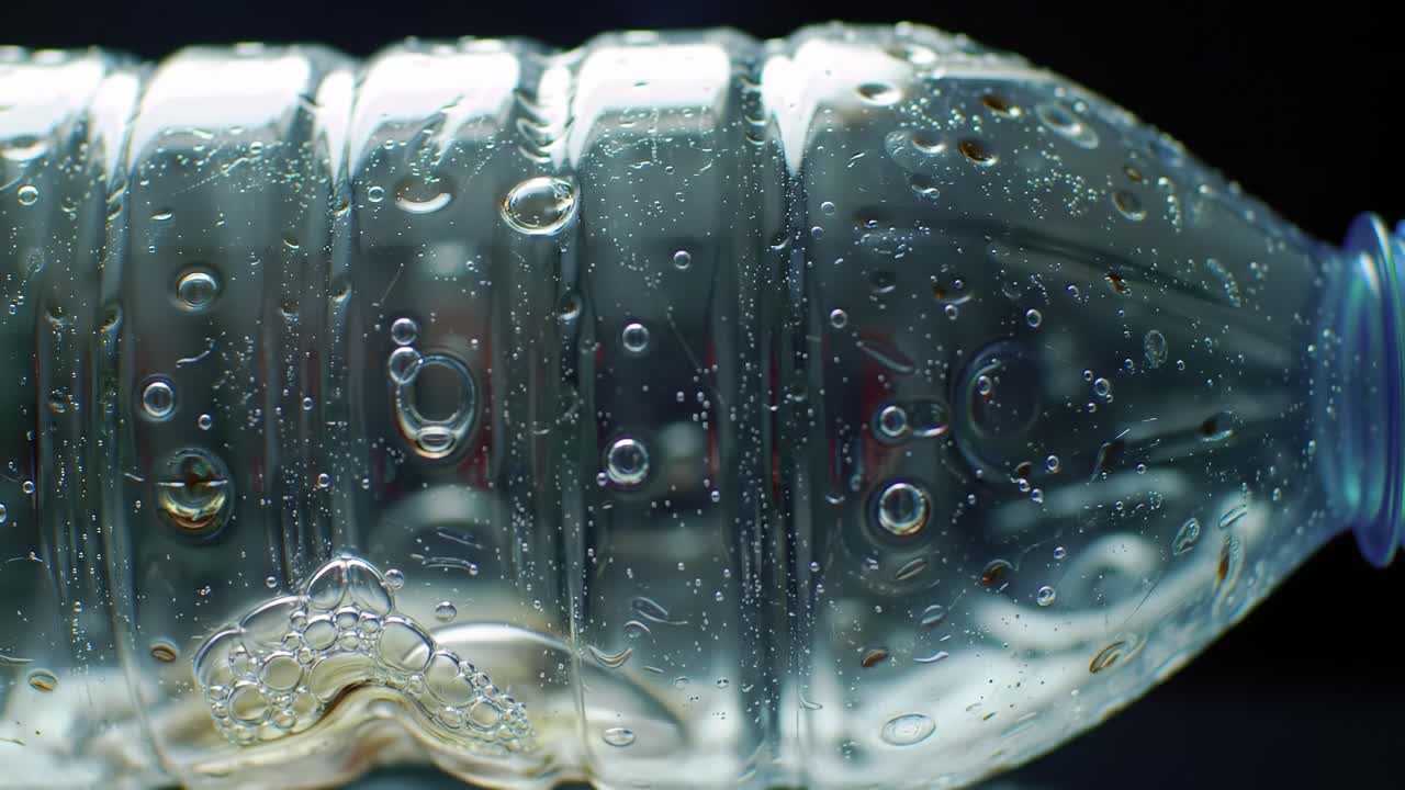 Close-Up of a Water Bottle Demonstrating Surface Tension, Air Bubbles, and Reflections Captured in Stunning Detail