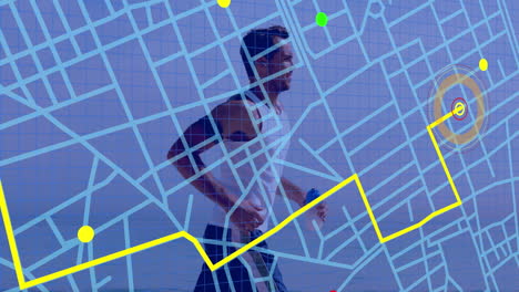esquema de la línea de navegación del mapa sobre el hombre caucásico en forma corriendo contra un fondo gris